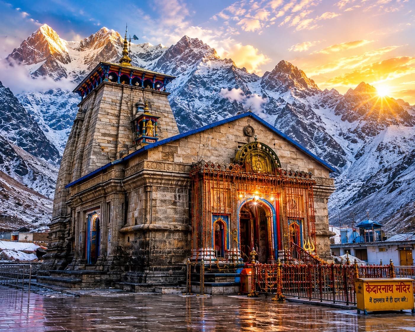 Kedarnath temple with snow-capped Himalayan peaks at golden hour